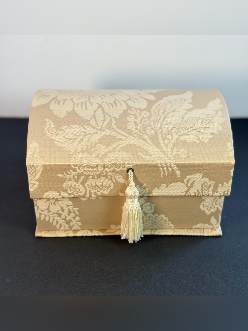 Vintage Was Framed Jewelry Box Cream Brocade Pattern Fabric Tassel Mirror 2 Tier